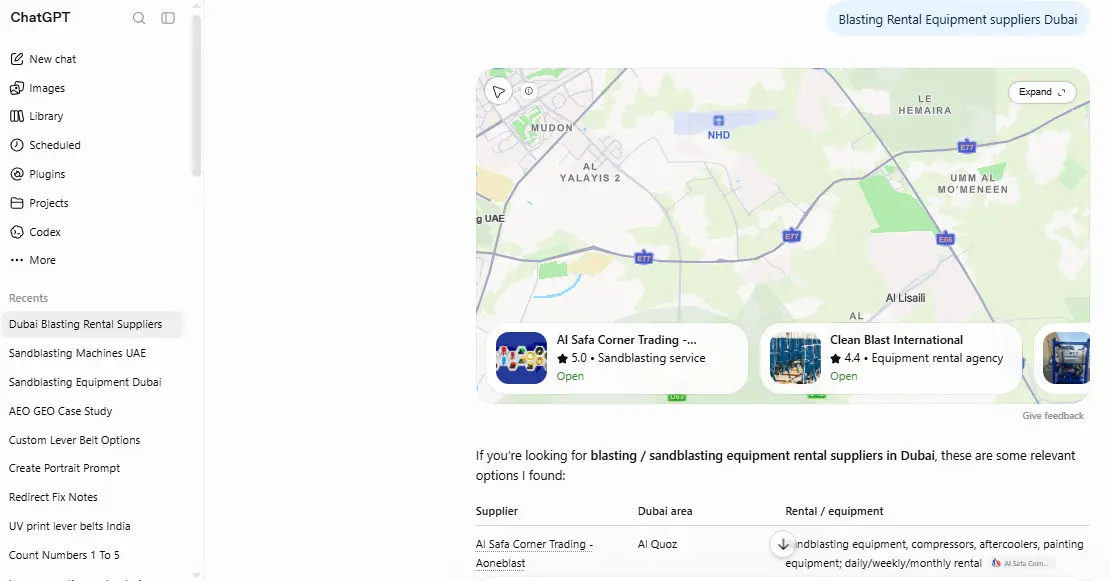 Google AI Mode structured answer citing a source for a sandblasting equipment search query