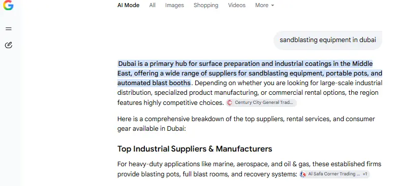 ChatGPT answer citing and mapping local suppliers for a blasting rental equipment search query